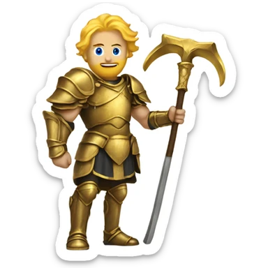 Man with golden hair and golden armor holding a scythe sticker