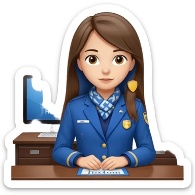 Young girl, long straight hair, wearing uniform jacket with hotel name badge, tasteful scarf, stand behind the desk

 sticker