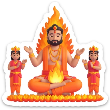 fun emoji of Rakesh as a deity with fire effects and a glowing 1 lakh reward, five people below with hands folded in respect, celebrating his rise to COO and the team's devotion sticker