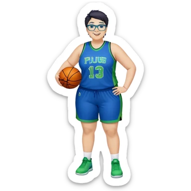 Full Body plus size white female basketball player with short dark hair with highlights spike hair wearing blue glasses  wearing blue green uniform smiling sticker