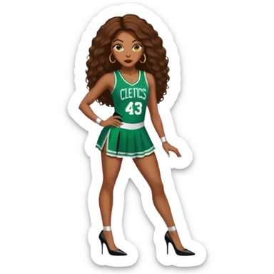 A 48-year-old black woman with brown eyes, long brown baylaige hair dressed in sexy 
celtics jersey costume outfit and stilettos  sticker