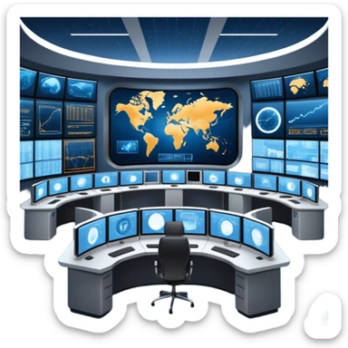 Cinematic mission control center, massive curved video walls with complex telemetry and glowing data visualizations, symmetrical high-tech workstations, dim blue and amber ambient lighting, sharp focus, hyper-realistic, atmosphere of absolute precision. sticker