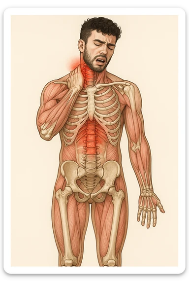 Uomo con dolore per infortunio vista anatomica in piedi con dolori cervicali sticker