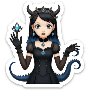 Slim fitting seductive dress Holed and worn Lavish black evening gown with see-through wispy black gloves , Jenna Ortega as student Addams woman wearing a steampunk style mini tiara, very large blue evil-looking horned old dragon companion with evil eyes  sticker