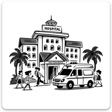 Busy Bangkok hospital exterior with ambulance and Thai architectural details sticker