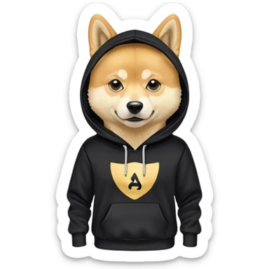 Doge in black addidas hoodie, front full view sticker