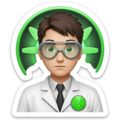 nuclear scientist portrait, head and shoulders only, wearing lab coat collar, protective goggles, glowing green radiation symbol badge, serious expression, sci-fi laboratory vibe, 3D cartoon, mobile game icon style, clean background, no text, no watermark
 sticker