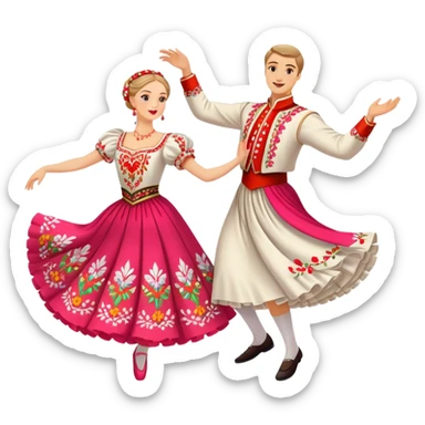 Cinematic Realistic scene of two dancers performing the Mazurka, dressed in vibrant traditional Polish costumes with intricate embroidery and flowing skirts, captured in graceful motion with warm, festive lighting sticker