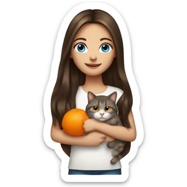 long hair brunette girl with blue eyes holding orange cat sticker