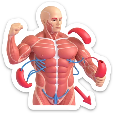 muscles with very low oxidative capacity, fat molecules around struggling to enter, realistic 3D style, anatomical details, transparency effect showing muscle fibers and molecules, red arrows indicating difficulty, clinical atmosphere, white background sticker