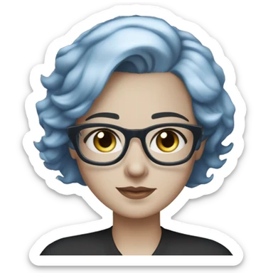 Caucasian woman with choppy chin length layered blue hair and grey eyes wearing light grey square-shaped glasses and a black collared shirt sticker
