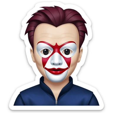 Mirrored Rick Astley but he has a mask that looks like a Japanese female version of Jigsaw, the entire picture, including Mirrored Rick Astley, is deepfried and dark as hell, the background is (deepfried) dark blue, and Mirrored Rick Astley is (deepfried) dark red sticker