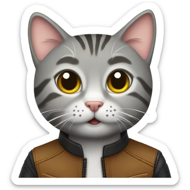 cute gray tabby cat in leather jacket sticker