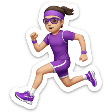 Running man in tight shorts and a purple t-shirt that says 'progressive run', with a headband, dark hair, running glasses, and stylish bright sneakers, emoji style, variation 2 sticker