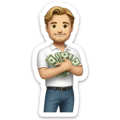 leonardo dicaprio in a white polo shirt holding a folded stack of money in his hand sticker