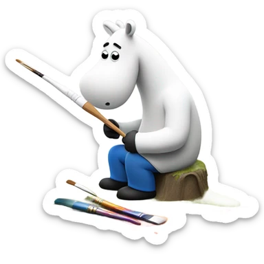 moomintroll painting a scenery on canvas sticker