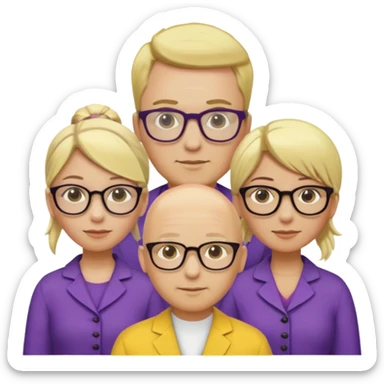 FIVE person team; 2 men and 3 women.  All dressed in yellow or purple.  2 caucasian women have blonde and 1 has ash blonde hair tied up.  1 man is black and bald, 1 man is caucasian and very little hair left.  All have glasses sticker