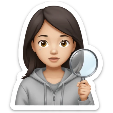 A brunette asian woman wearing hoodie holding a large magnifying glass and squinting at something to intently sticker