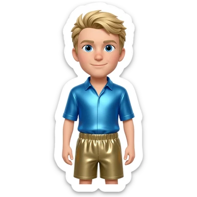 Martin Kratt with blue eyes, sandy blonde hair, periwinkle blue metallic shirt, khaki metallic baggy shorts sticker