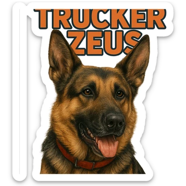 Make the German Shepherd dog more realistic, keep the words 'Trucker Zeus' over top, preserve the original style. Remove the background. The original style is a detailed illustration with text overlay. sticker