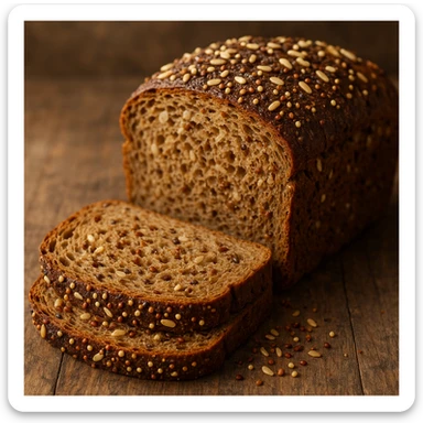 whole wheat bread with quinoa and rice, realistic photo, sliced, showing texture and seeds, artisanal style sticker