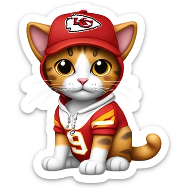 Calico cat wearing KC chiefs hoodie and chiefs ball cap sticker