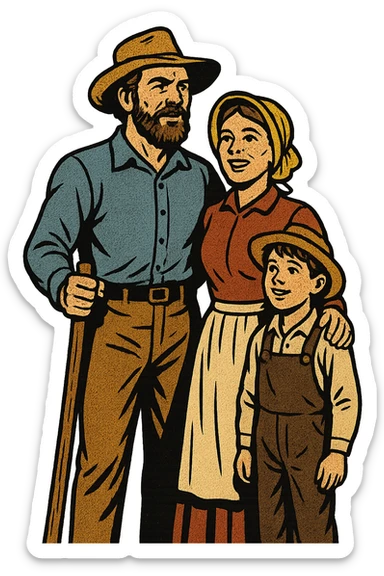 The full bodies of a pioneer homestead family from the 1860s who are looking forward to their new life in the American West. There is one father, a mother and a young boy standing close together.  sticker