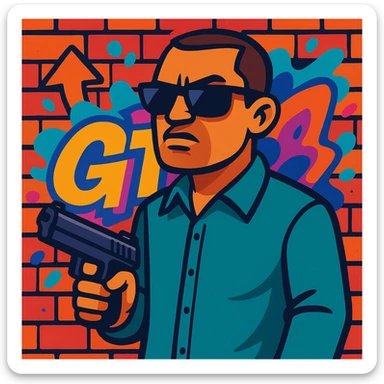 Cartoon GTA character, holding a gun, sunglasses, graffiti wall background sticker