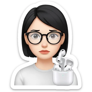 "- Nữ
- 30 tuổi
- Da trắng
- Tóc đen
- Đeo kính, đeo airpod
- Mặt buồn
" sticker