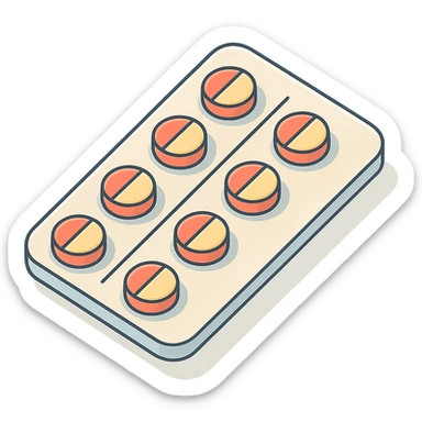 blister pack with pills, 2D isometric style, soft rounded shapes, clean contours, pastel palette, detailed shadows and highlights, modern illustration sticker