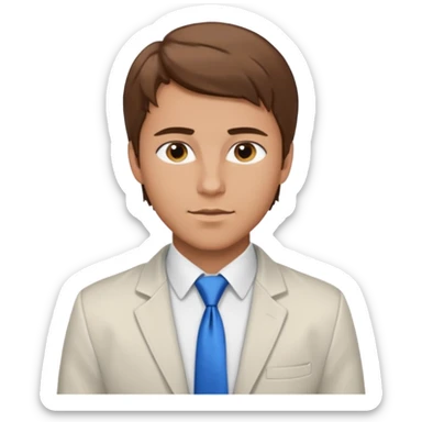 un homme type caucasien brun plutot jeune avec des jolies traits avec une chemise blanche et une veste a manche longues et cravate bleu il a les yeux marron sticker