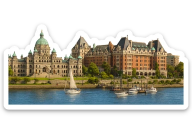 cinematic, realistic emoji of Victoria, BC skyline featuring iconic landmarks such as the British Columbia Parliament Buildings, the Fairmont Empress Hotel, and the Inner Harbour, lifelike detail, accurate colors, bright lighting, wide city view sticker