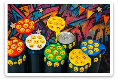 Rakj a kupakokra emoji-kat, smiley-kat, megváltoztathatod a háttereket. valósághű legyen a kép, 1920x1080px méretű legyen. fiatal, dinamikusfotókat készíts! csak a kupak külső részére rakj mintát! sticker