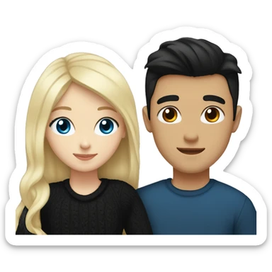 Blonde girl with blue eyes in black sweater and an east asian with light skin man with black hair and black eyes hugging sticker