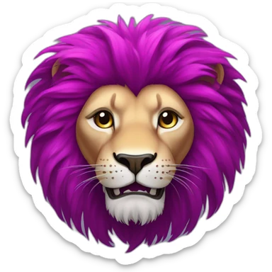 Lion with magenta hair, white left eye, closed right eye with scar, purple furr sticker