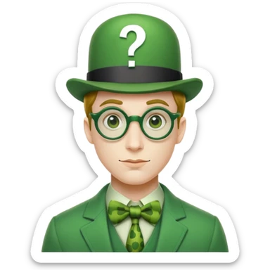 The Riddler villain from Batman with green suit, question mark symbols, bowler hat sticker