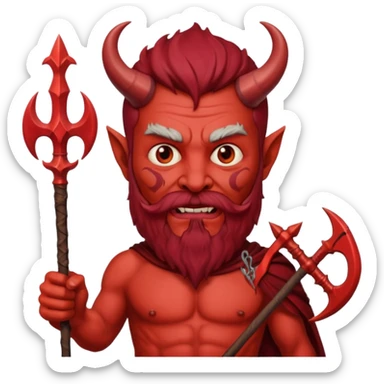 satan emoji holding a trident. make him red and scary. make him older with a beard sticker
