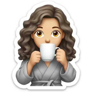 Brunette white girl with wavy long hair sipping a cup of tea in a grey dressing gown  sticker