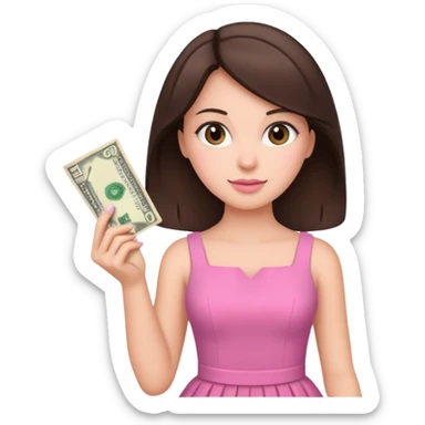 brunet Woman wearing pink dress holding dolar sticker