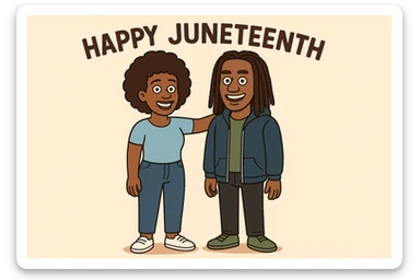 A woman Kinky hair light blue shirt blue jeans white shoes boy Dreadlocks dark brown hair green shuts navy blue zip up hoodie black jeans green shoes Bob Marley Vanessa Nakate Mae Jemison Happy JUNETEENTH sticker