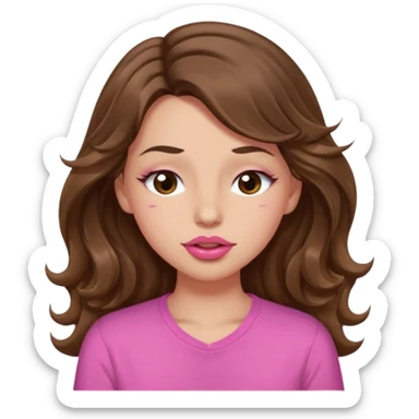 girl with long wavy brown hair, brown eyes, light to medium complexion, in a pink shirt, pink lips, long lashes, puckering lips kissing, winking with one eye closed sticker