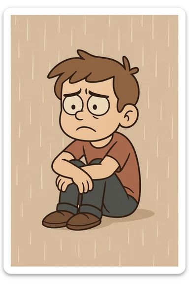 a boy sitting alone, looking sad, with rain falling, simple modern style, minimal details, muted colors sticker