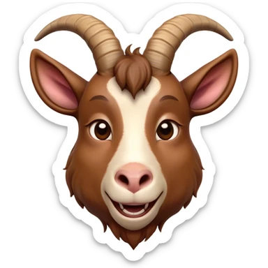 Cinematic Comical Brown Goat Portrait Emoji, Head tilted dramatically with an exaggeratedly amused expression, featuring a sleek brown fur with distinct, quirky curved horns, wide, expressive eyes filled with playful disbelief, Simplified yet hilariously expressive features, highly detailed, glowing with a slightly sassy glow, high shine, dramatic yet playful, stylized with an air of cheeky mischief, bright and endearing, soft glowing outline, capturing the essence of a spirited and over-the-top goat, so meme-worthy it feels like it could side-eye its way into internet fame instantly! sticker