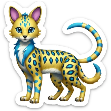 Colorful Golden Gold Shiny Lombax-Sergal-Vernid-Serval-Civet-Genet-Pokémon-Digimon-Fakémon-fusion-hybrid-creature with Cyan stripes and blue leopard-spot-markings  sticker