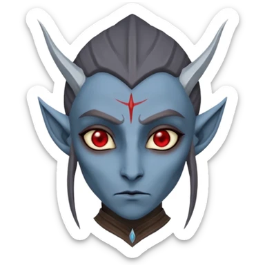 sad face emoji styled as a dark elf Dunmer from Elder Scrolls, grayish-blue skin, red eyes, pointed ears sticker