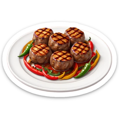 Akçaabat meatballs object icon, grilled Turkish kofte pieces on a plate, smoky char marks, juicy texture, served with grilled peppers and tomatoes, 3D cartoon, mobile game icon style, centered, clean background, no text, no watermark
 sticker