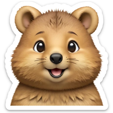 cinematic-realistic quokka-emoji,-small-round-frame, head tilted in an endearing manner, comical smile, round cheeks, giant-fluffy-cheeks-large-smile-fluffy-brown-fur-radiating-a-warm-softness,-big-round-eyes-filled-with-joy, realistic round  fluffy zoomed in, large black eyes one paw raised in the air sticker