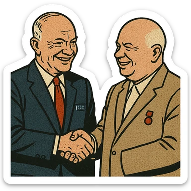 US President Eisenhower wearing a suit with a US badge on the chest shaking hands with Soviet leader Khrushchev and smiling sticker