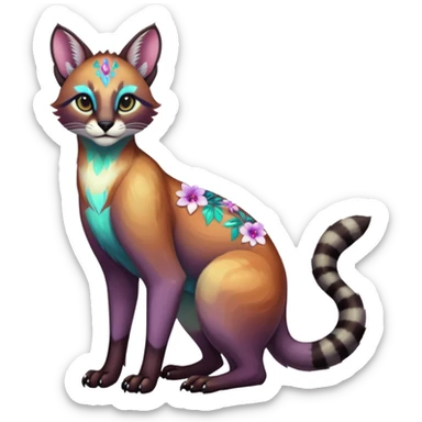 Colorful dark tropical white iridescent glorious divine exotic cute cool beautiful shiny beautiful floral fantasy-caracal-civet-genet-sergal-vernid-Cacomistle-oncilla-animal-Fakémon-hybrid-fursona (full body) sticker