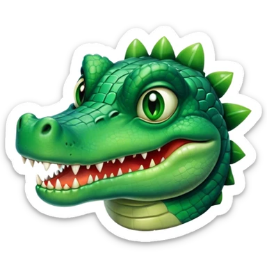 Cinematic Comical Crocodile Portrait Emoji, Head tilted dramatically with an exaggeratedly amused expression, featuring a striking, glossy emerald-green hide with bold textured scales and wide, expressive eyes filled with playful disbelief, Simplified yet hilariously expressive features, highly detailed, glowing with a slightly sassy glow, high shine, dramatic yet playful, stylized with an air of cheeky mischief, bright and endearing, soft glowing outline, capturing the essence of a spirited and over-the-top crocodile, so meme-worthy it feels like it could snap its jaws into internet fame instantly! sticker